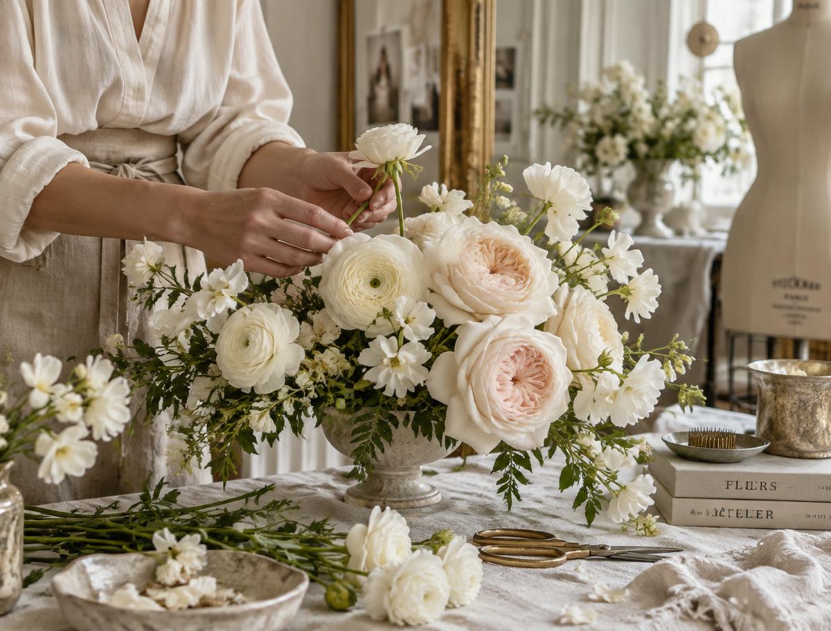 The master floral artisan arranging Garden O'Hara roses at the atelier bench